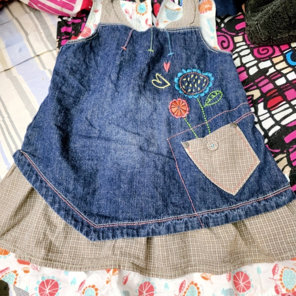 Denim Floral Appliqué Girl's Dress with Plaid Pocket